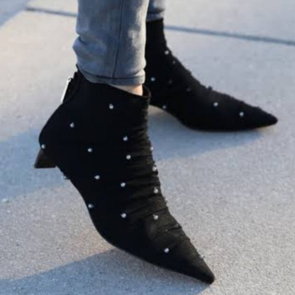 Zara Mesh Pearl Pointed Kitten Heels - Picture 2 of 9